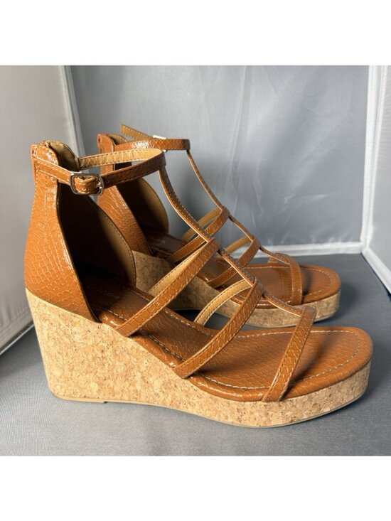 maurices Tan Faux Snake Skin Strappy Cork Wedge Platform Sandals Size 8.5 - Picture 2 of 6